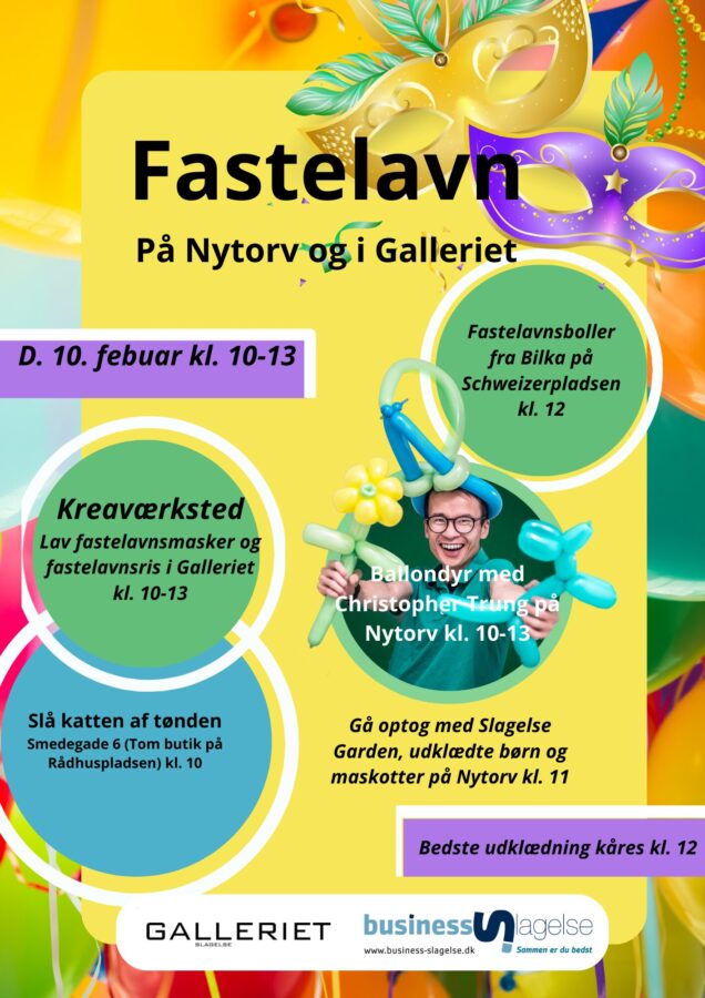 Plakat for fastelavnsevent i Slagelse 2024, Bilka Slagelse, Slagelse Garden, Galleriet Slagelse, Christoffer Trung